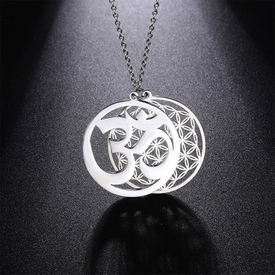 Buddha Stones Om Symbol Hollow Flower Design Stainless Steel Connection Necklace Pendant - Silver - image 0