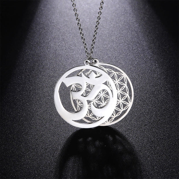 FREE Today: Mindfulness Connection Om Symbol Hollow Flower Design Stainless Steel Necklace Pendant - Silver - image 0