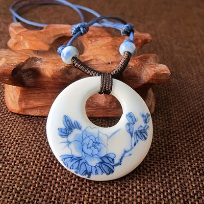 Buddha Stones Ethnic Peony Peach Blossoms Lotus Symbol Ceramics Necklace Enlightenment Pendant - Peony - image 0