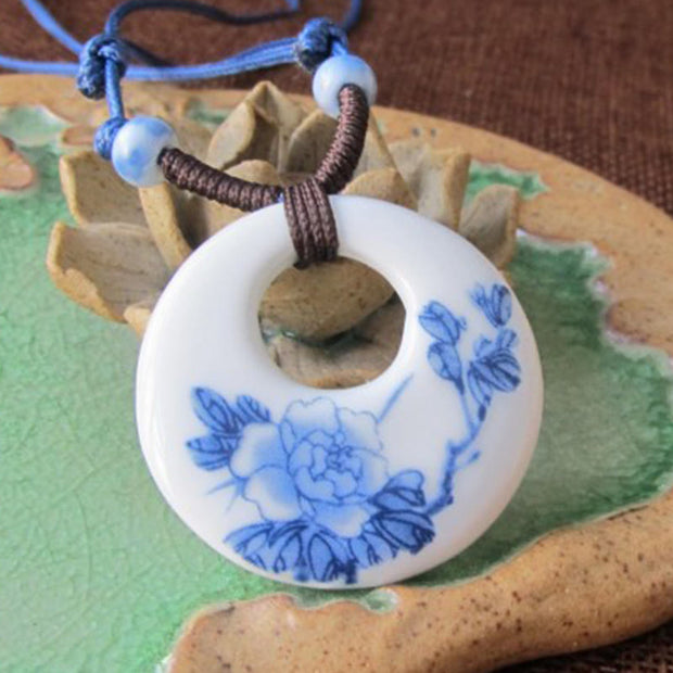 Buddha Stones Ethnic Peony Peach Blossoms Lotus Symbol Ceramics Necklace Enlightenment Pendant - image 1