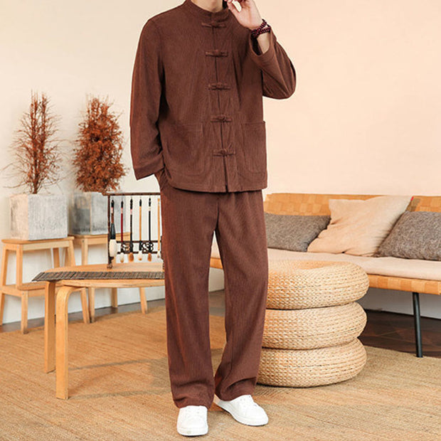 Buddha Stones 2pcs Plain Men's Frog-button Long Sleeve Shirt Pants Cotton Corduroy Set With Pockets - image 4