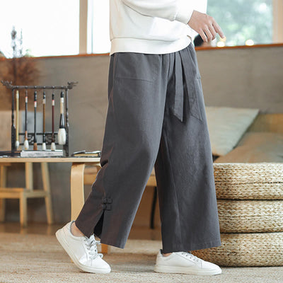 Buddha Stones Fall Drawstring Chinese Frog-Button Men's Wide Leg Cotton Pants With Pockets - LightSlateGray - US/UK/AU46，EU56 (5XL) - image 0
