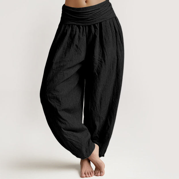 Buddha Stones Pure Cotton Plain Black Women's Elastic Waist Harem