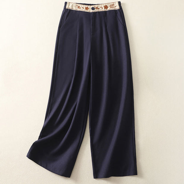 Buddha Stones Embroidery Pattern Polyester Women's Wide Leg Pants With Pockets - Navy - US12，UK/AU16，EU44 (2XL) - image 15