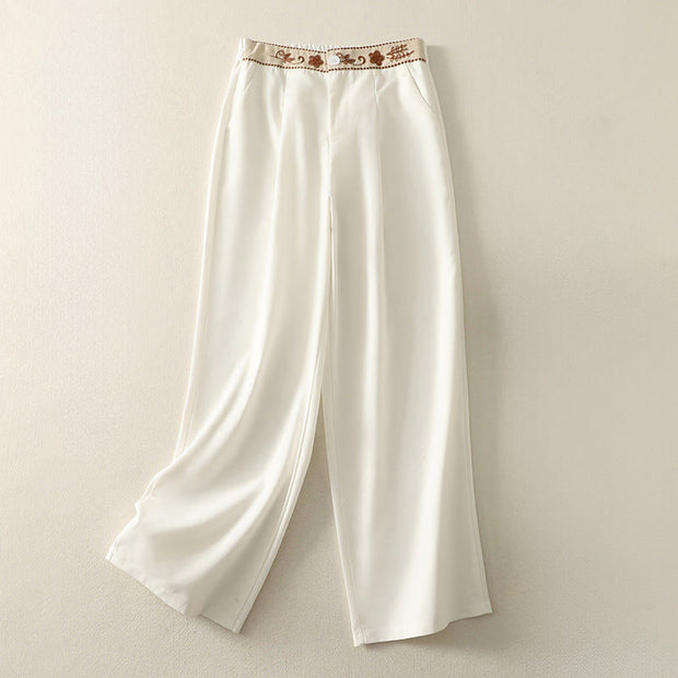 Buddha Stones Embroidery Pattern Polyester Women's Wide Leg Pants With Pockets - Snow - US12，UK/AU16，EU44 (2XL) - image 1