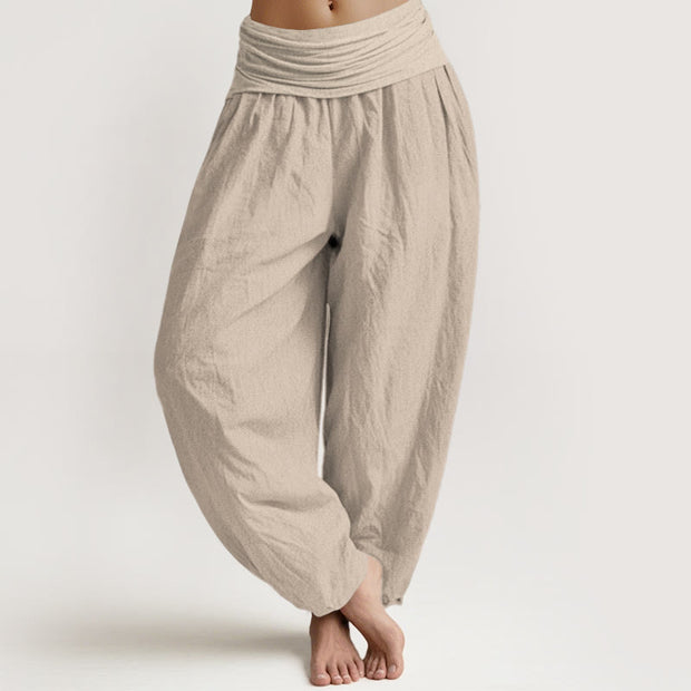Buddha Stones Solid Tan Color Women's Elastic Waist Harem Pure Cotton Pants - Tan - US22，UK/AU26，EU54 (6XL) - image 0