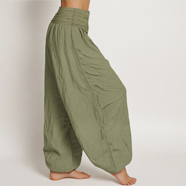 Buddha Stones Solid Olivedrab Women's Elastic Waist Harem Pure Cotton Pants - image 2