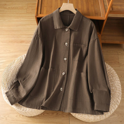 Buddha Stones Casual Women's Long Sleeve Stand Collar Cotton Polyester Shirt With Pockets - SaddleBrown - US14，UK/AU18，EU46 (2XL) - image 0