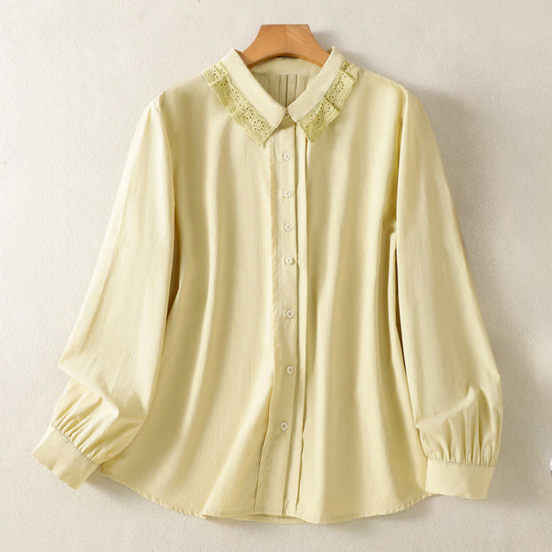 Buddha Stones Casual Women's Long Sleeve Lace Lapel Cotton Shirt - Khaki - US12，UK/AU16，EU44 (2XL) - image 9