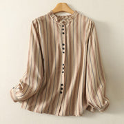 Buddha Stones Casual Retro Stripes Women's Long Sleeve Polyester Shirt - BurlyWood - US12，UK/AU16，EU44 (2XL) - image 5