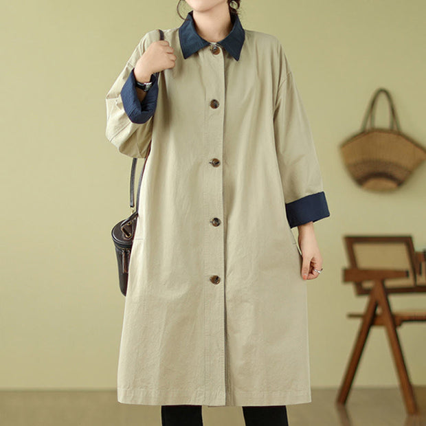 Buddha Stones Splicing Color Buttons Women's Cotton Coat With Pockets - image 3