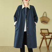 Buddha Stones Splicing Color Buttons Women's Cotton Coat With Pockets - MidnightBlue - US12，UK/AU16，EU44 (XL) - image 5