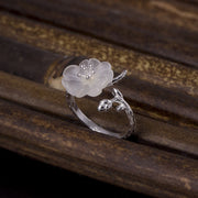 Buddha Stones Natural White Crystal Flower 925 Sterling Silver Adjustable Healing Ring - White Crystal & 925 Sterling Silver - image 0