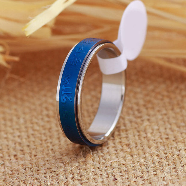 Buddha Stones Tibetan Scriptures Blue Pharmacist Mantra Titanium Steel Spinner Balance Ring - US11 - image 0