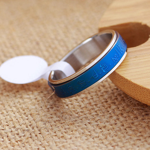 Buddha Stones Tibetan Scriptures Blue Pharmacist Mantra Titanium Steel Spinner Balance Ring - image 4