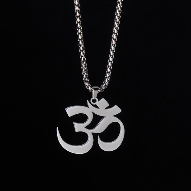 Buddha Stones Om Symbol Mantra Stainless Steel Focus Necklace Pendant - Silver - image 8