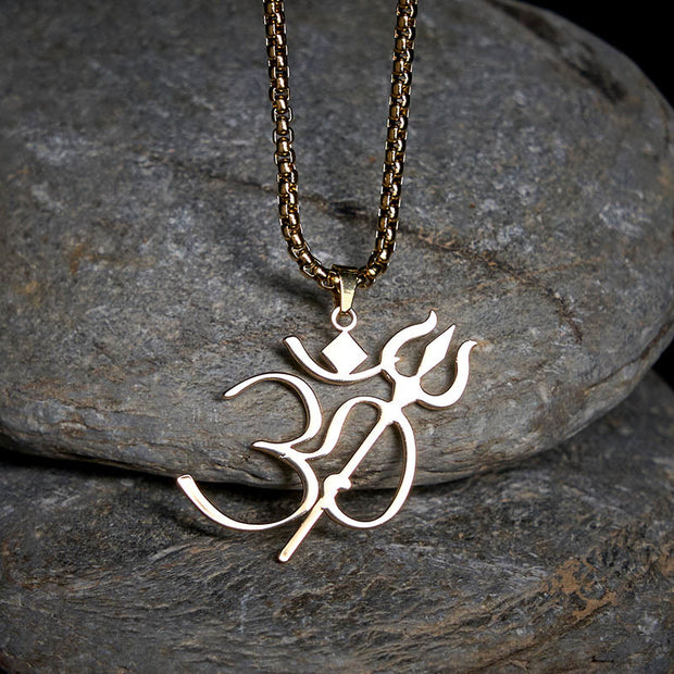 Buddha Stones Trident OM Symbol Stainless Steel Connection Necklace Pendant - image 1
