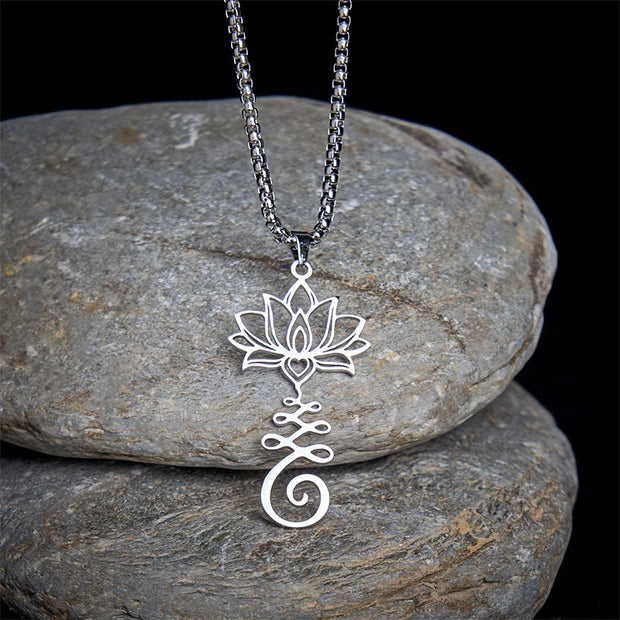 Buddha Stones Chakra Symbol Irregular Design Lotus Stainless Steel Enlightenment Necklace Pendant - Silver - image 0