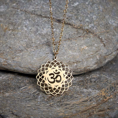 Buddha Stones Hollow Lotus Design Om Symbol Stainless Steel Connection Necklace Pendant - Gold - image 0