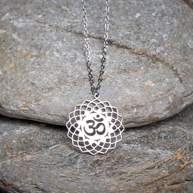 Buddha Stones Hollow Lotus Design Om Symbol Stainless Steel Connection Necklace Pendant - Silver - image 9