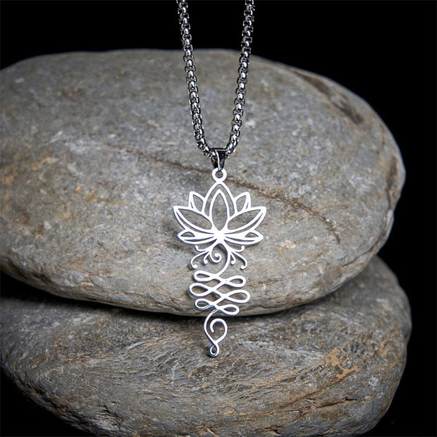 Buddha Stones Lotus Vines Design Chakra Symbol Stainless Steel Enlightenment Necklace Pendant - Silver - image 0