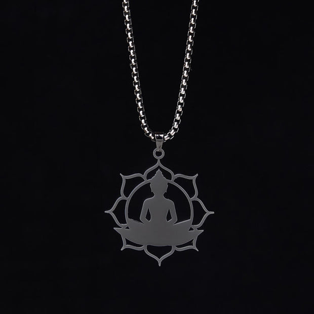 Buddha Stones Vintage Lotus Sitting Buddha Design Stainless Steel Enlightenment Necklace Pendant - image 17