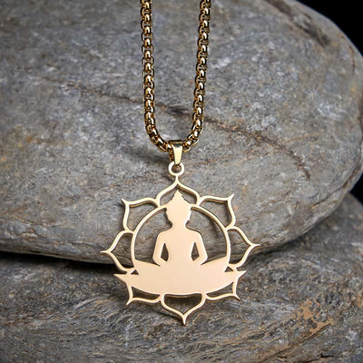 Buddha Stones Vintage Lotus Sitting Buddha Design Stainless Steel Enlightenment Necklace Pendant - Gold - image 0