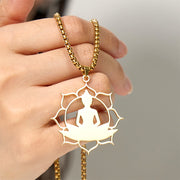 Buddha Stones Vintage Lotus Sitting Buddha Design Stainless Steel Enlightenment Necklace Pendant - image 4
