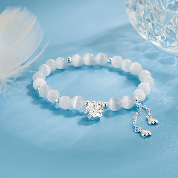 Buddha Stones Natural Cat's Eye Cherry Blossom Peace Bracelet - White Cat's Eye(Wrist Circumference:15-17cm) - image 0