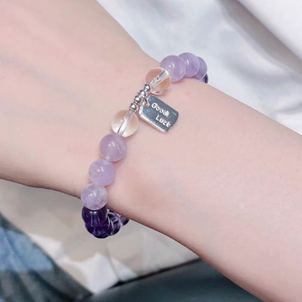 Buddha Stones Amethyst Rose Quartz Strawberry Quartz Good Luck Charm Bracelet - image 4