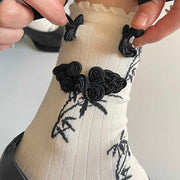 Buddha Stones Chinese Frog-Button Design Jacquard Bamboo Pattern Micro Crew Women's Socks - image 5