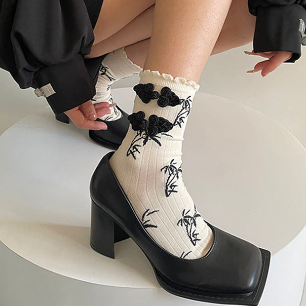 Buddha Stones Chinese Frog-Button Design Jacquard Bamboo Pattern Micro Crew Women's Socks - image 3