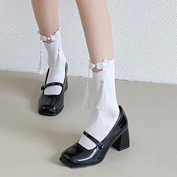 Buddha Stones Pure Color Chinese Frog-Button Tassels Design Women's Micro Crew Cotton Socks - image 5