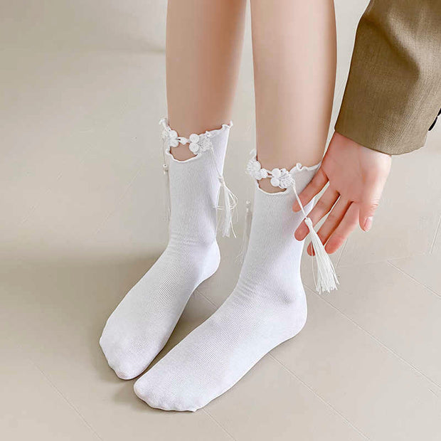 Buddha Stones Pure Color Chinese Frog-Button Tassels Design Women's Micro Crew Cotton Socks - image 0