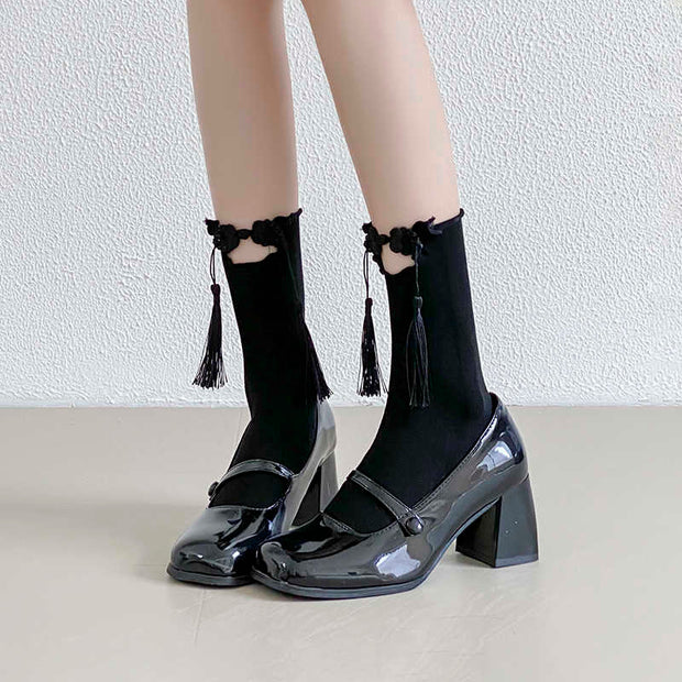 Buddha Stones Pure Color Chinese Frog-Button Tassels Design Women's Micro Crew Cotton Socks - image 10