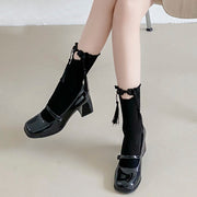 Buddha Stones Pure Color Chinese Frog-Button Tassels Design Women's Micro Crew Cotton Socks - image 11