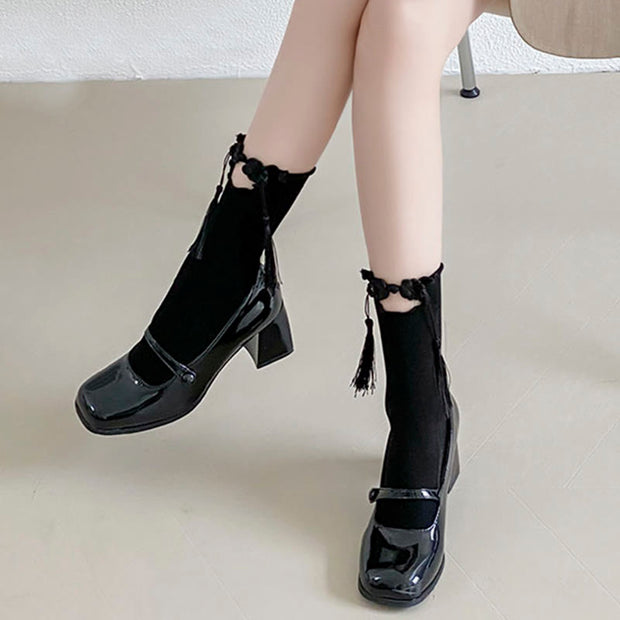 Buddha Stones Pure Color Chinese Frog-Button Tassels Design Women's Micro Crew Cotton Socks - image 11