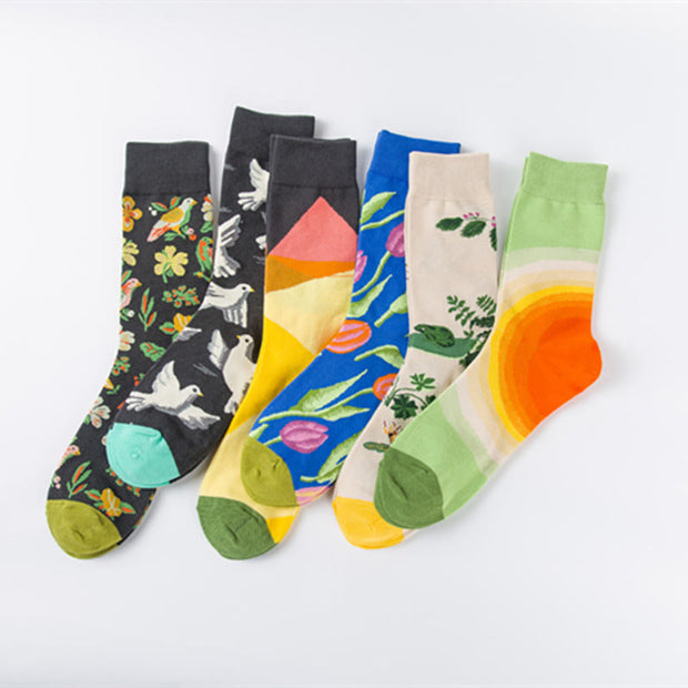 Buddha Stones Colorful Pigeon Tulips Floral Pattern Designmen Women Unisex Cotton Crew Socks - image 9