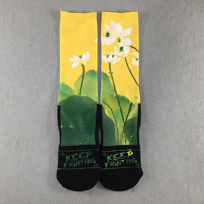Buddha Stones Casual Beige Lotus Flowers Leaves Micro Crew Men Women Unisex Socks - Gold - One Size Fits Most (US 5-10.5，EU 38-44，UK/AU 5-10.5，AISA 24.5-28cm) - image 0