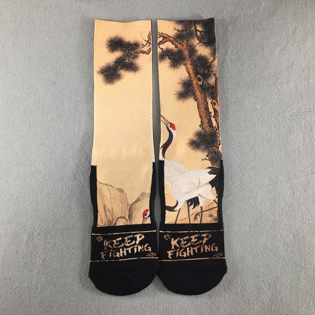 Buddha Stones Casual White Crane Pine Trees Mountains Micro Crew Men Women Unisex Socks - Bisque - One Size Fits Most (US 5-10.5，EU 38-44，UK/AU 5-10.5，AISA 24.5-28cm) - image 0