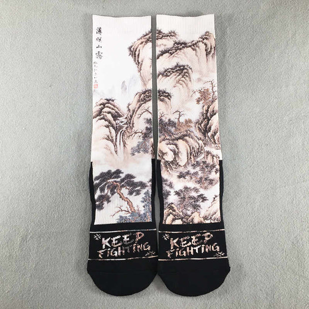 Buddha Stones Casual White Crane Pine Trees Mountains Micro Crew Men Women Unisex Socks - Linen - One Size Fits Most (US 5-10.5，EU 38-44，UK/AU 5-10.5，AISA 24.5-28cm) - image 1