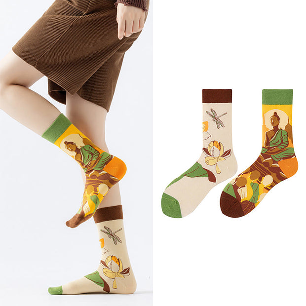 Buddha Stones Casual Meditative Buddha Lotus Dragonfly Micro Crew Women's Socks - image 4