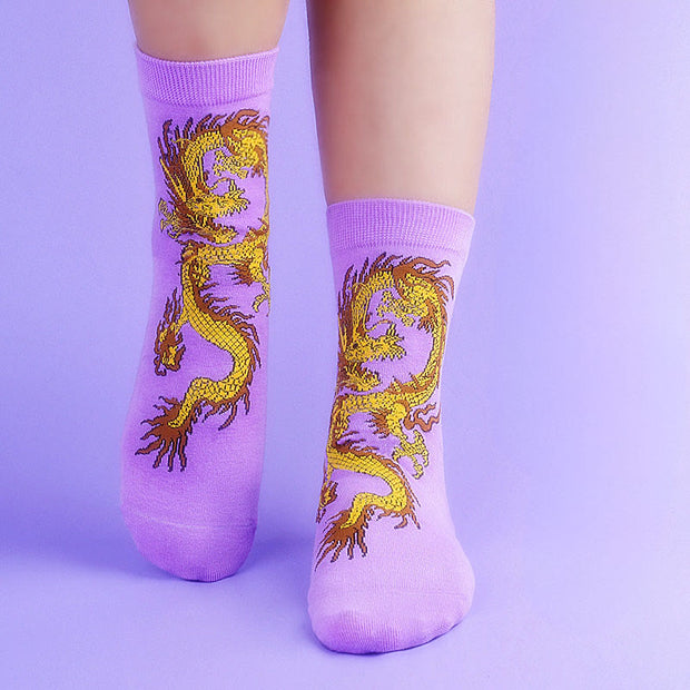 Buddha Stones Casual 5 Pairs of Golden Dragon Quarter Women's Socks - 5 Pairs Of Dragon Purple - S-M (US 5.5-8.5，EU 36–40，UK/AU 3.5-6.5，Asia 23–25 cm) - image 2