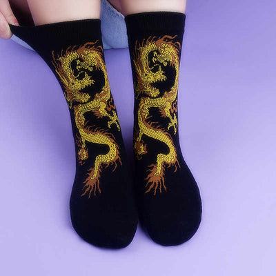 Buddha Stones Casual 5 Pairs of Golden Dragon Quarter Women's Socks - 5 Pairs Of Dragon Black - S-M (US 5.5-8.5，EU 36–40，UK/AU 3.5-6.5，Asia 23–25 cm) - image 0