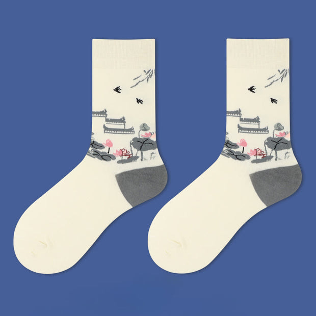 Buddha Stones Casual Sailboat Ancient Town Lotus Orchid Countryside Micro Crew Women's Socks - Ancient Town - S-M(US 5.5-10，EU 36-41，UK/AU 3.5-7.5，AISA 22.5-25.5cm) - image 2