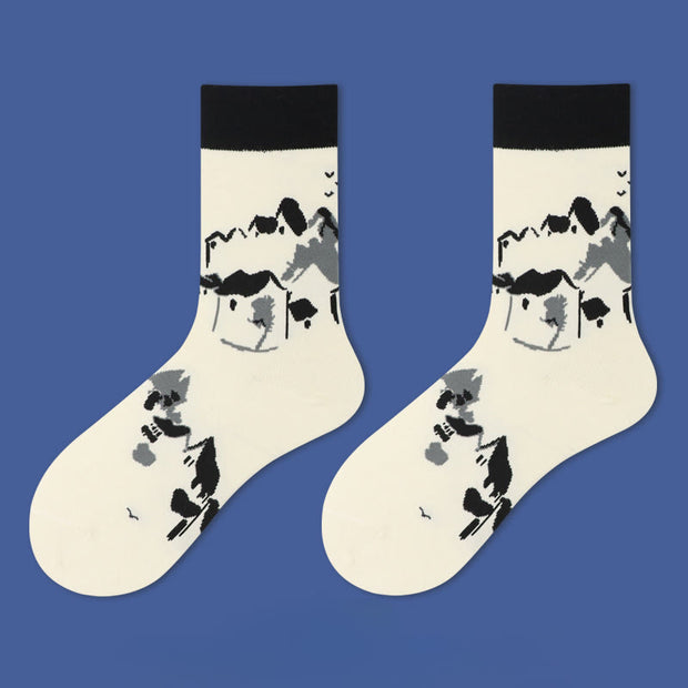 Buddha Stones Casual Sailboat Ancient Town Lotus Orchid Countryside Micro Crew Women's Socks - Countryside - S-M(US 5.5-10，EU 36-41，UK/AU 3.5-7.5，AISA 22.5-25.5cm) - image 6