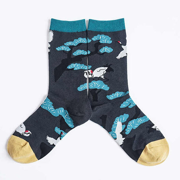 Buddha Stones Casual White Crane Pine Tree Design Micro Crew Women's Socks - image 5