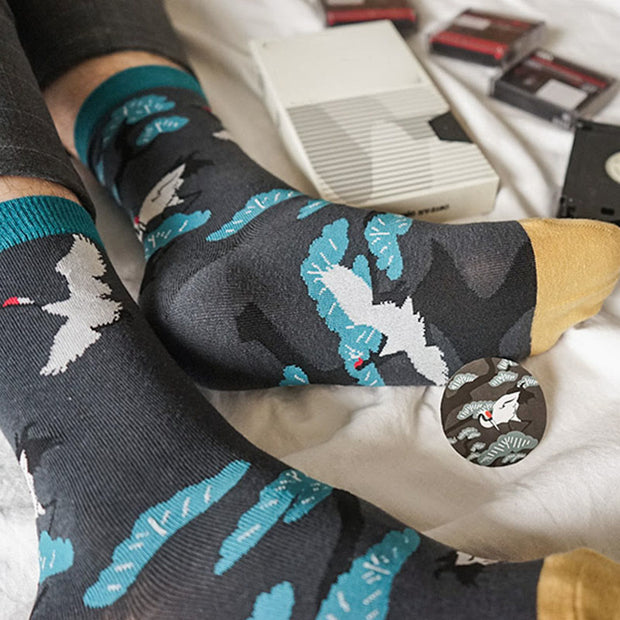 Buddha Stones Casual White Crane Pine Tree Design Micro Crew Women's Socks - image 4