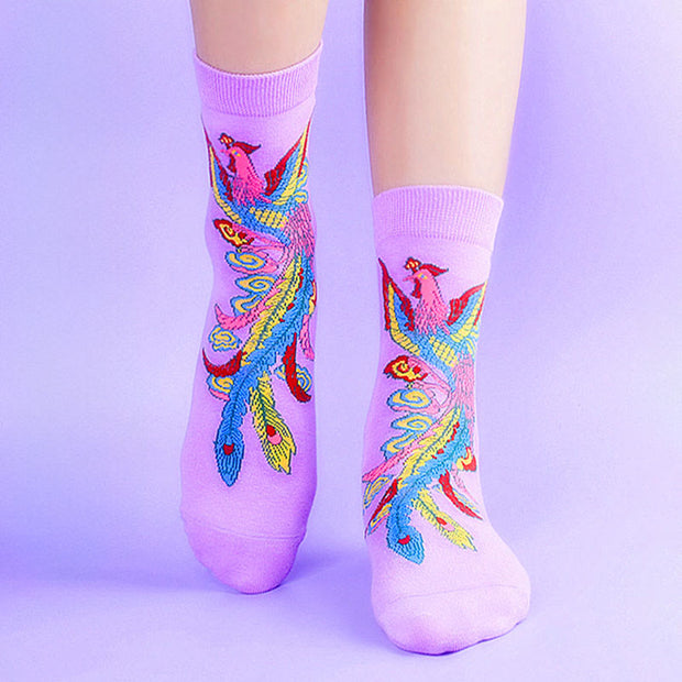 Buddha Stones Casual 3 Pairs Of Multicolored Phoenix Quarter Women's Socks - 3 Pairs Of Purple - S-M (US 5.5-8.5，EU 36–40，UK/AU 3.5-6.5，AISA 23–25 cm) - image 6