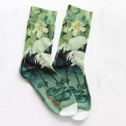 Buddha Stones Casual White Crane Floral Lotus Leaf Koi Fish Cotton Quarter Women's Socks - image 1